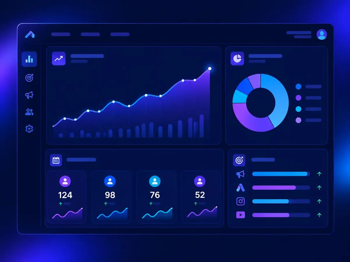 Marketing dashboard illustration with a rising leads trend, channel mix chart and booked calls cards