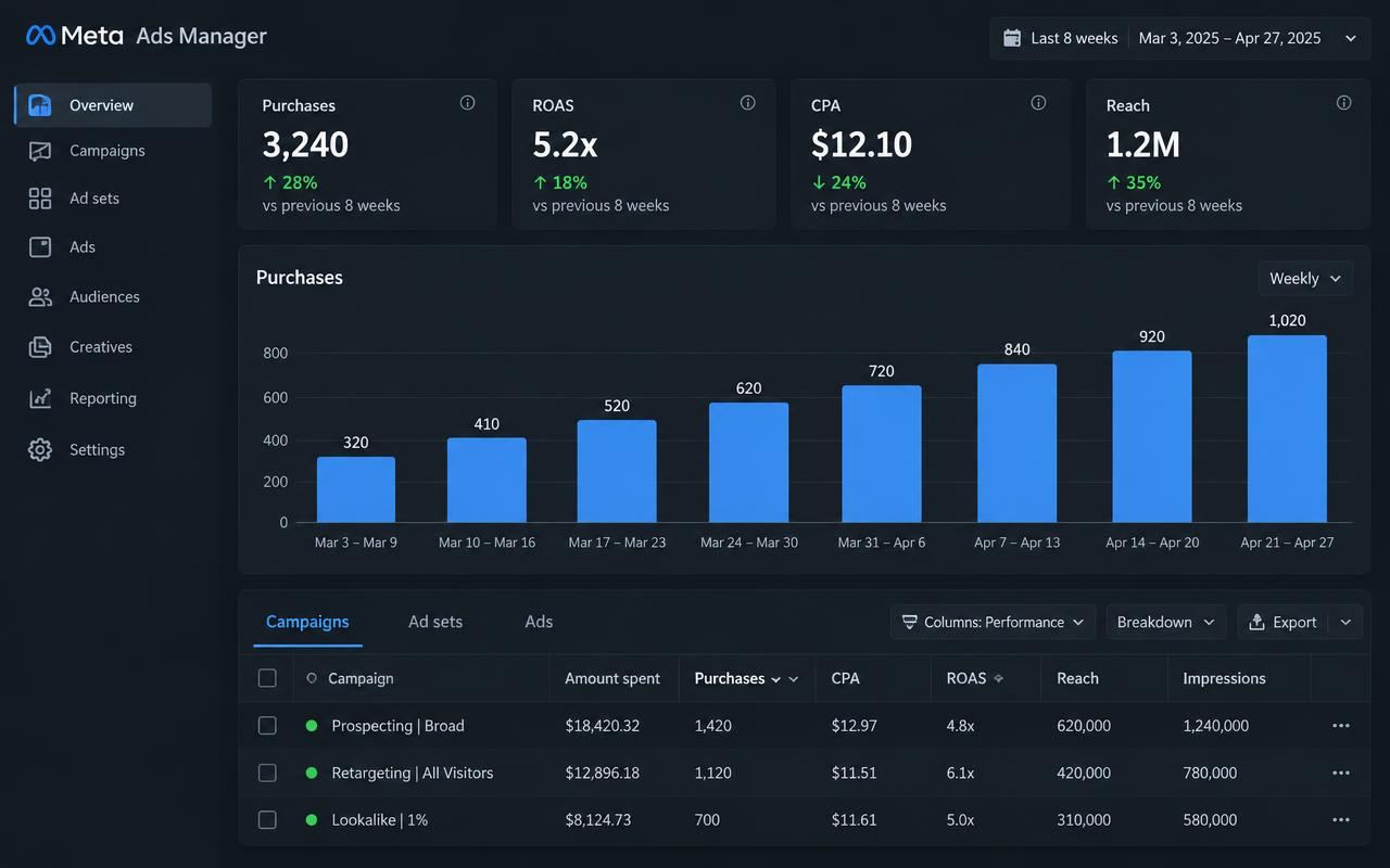 Meta Ads dashboard showing 3,240 purchases