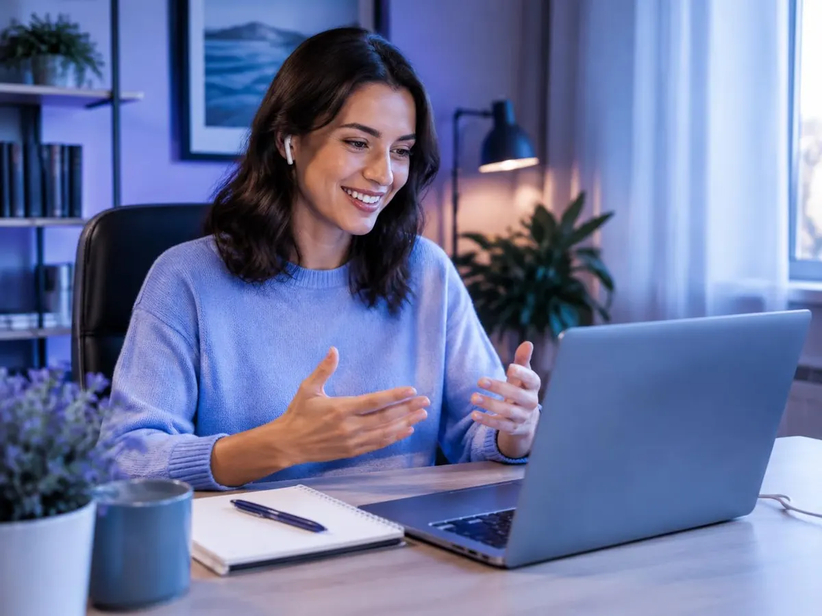 Marketing strategist smiling on a video call at a desk with a laptop and notebook